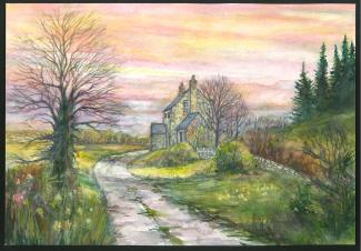 Painting of old glen road beyond Largs